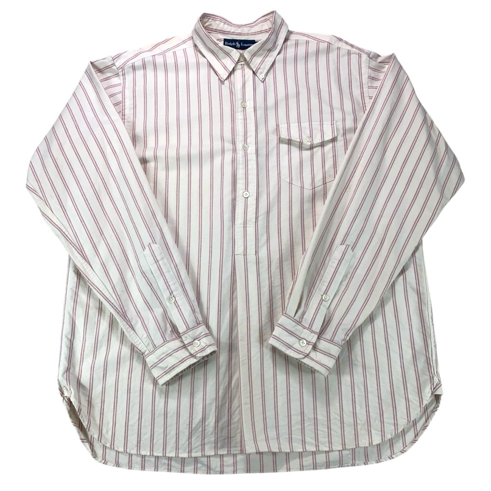 VTG‎ Ralph Lauren Men’s XL White Red Striped Popover Shirt Cotton Long Sleeve